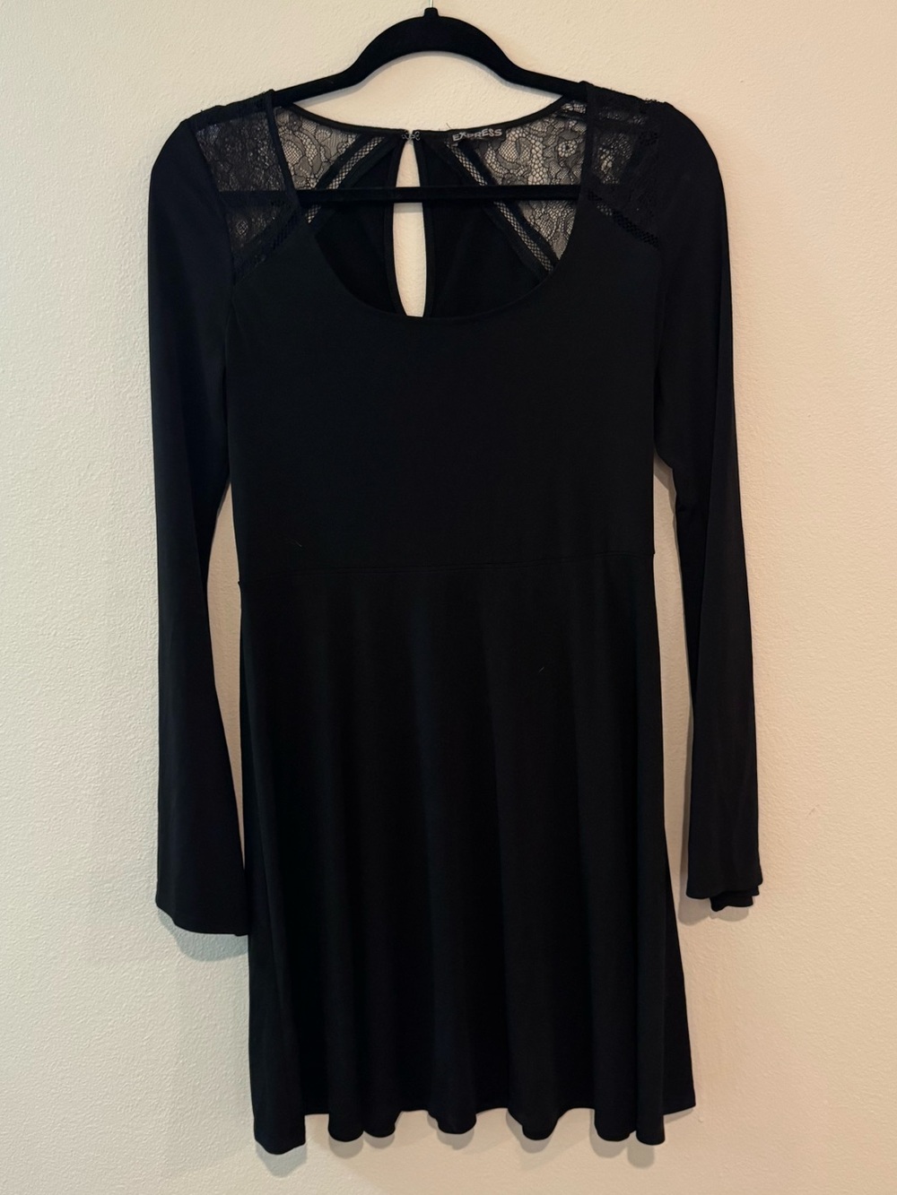 EXPRESS Black Long-Sleeve Fit & Flare Dress with Lace Yoke
